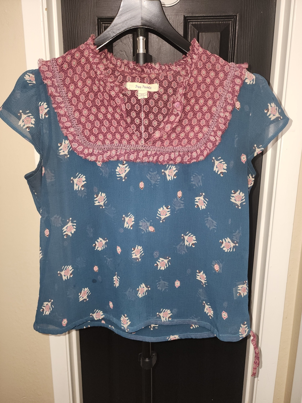 Free People Teal Blue Floral Blouse with Rose-Pink Smocked Yoke